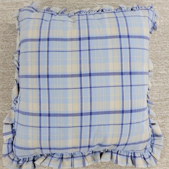 VTG Laura Ashley Emilie Pillow 16" Square Blue Cream Plaid Ruffle Trim Cotton - Picture 2 of 16